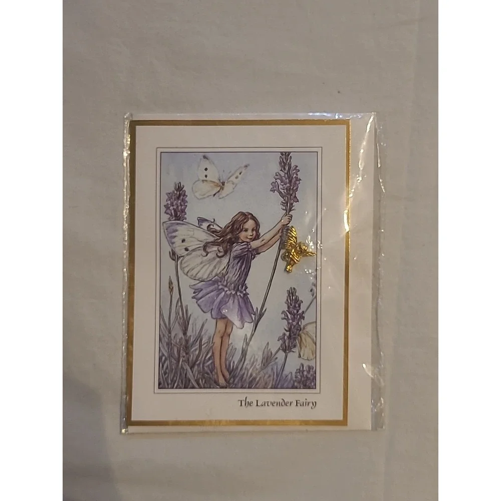 Flower Fairies The Lavender Fairy Greeting Card with 18K Gold Plated Pin 1995